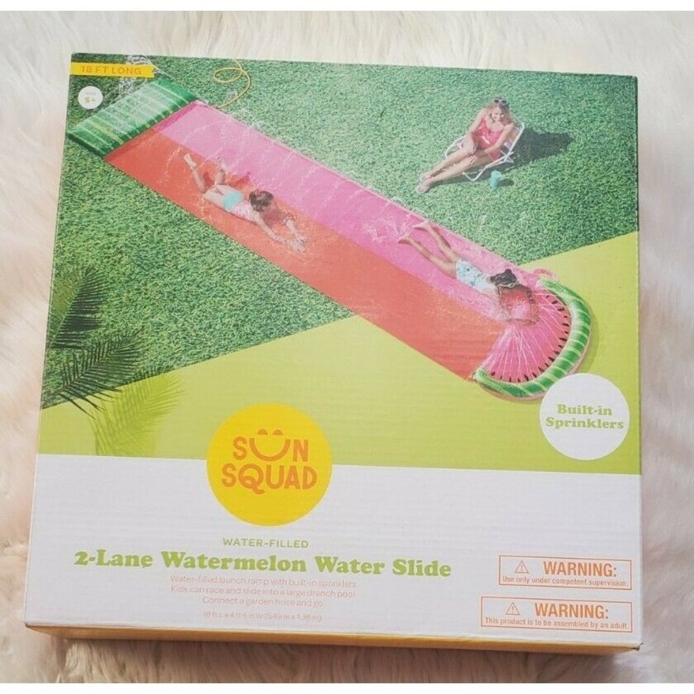 Sun Squad 2-Lane Water-Filled Watermelon 18' Water Slide Built-In Sprinklers NEW